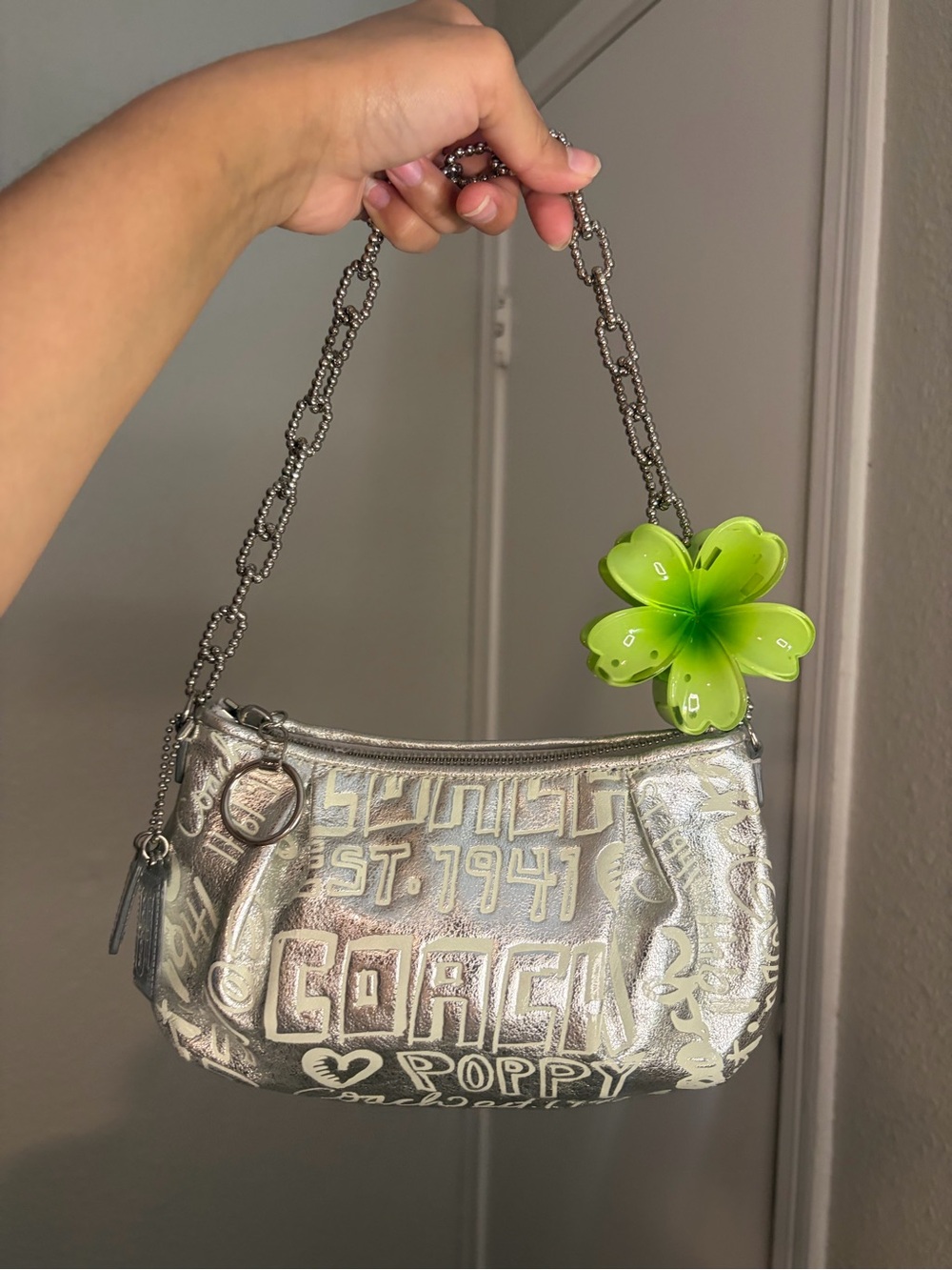 Coach Silver Metallic Graffiti Poppy Mini Shoulder Bag